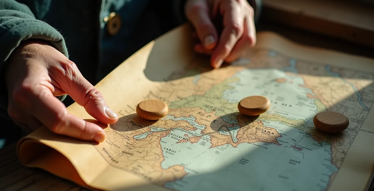 Hands holding a vintage map with French place names highlighted across Canadian provinces
