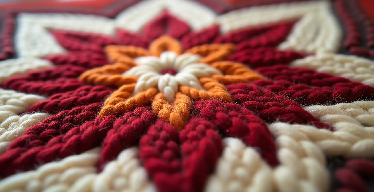 Close-up of traditional Acadian star pattern in hooked rug