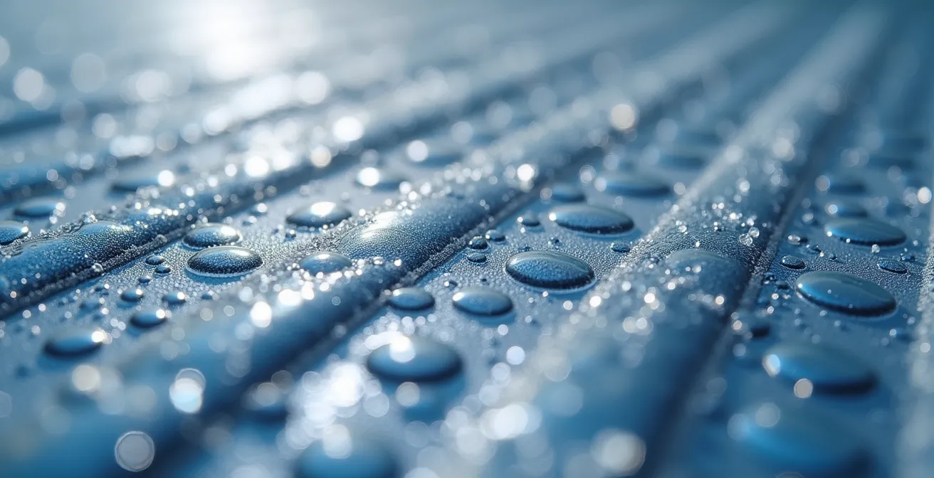 Close-up macro shot of water droplets on thermal rescue blanket with condensation patterns