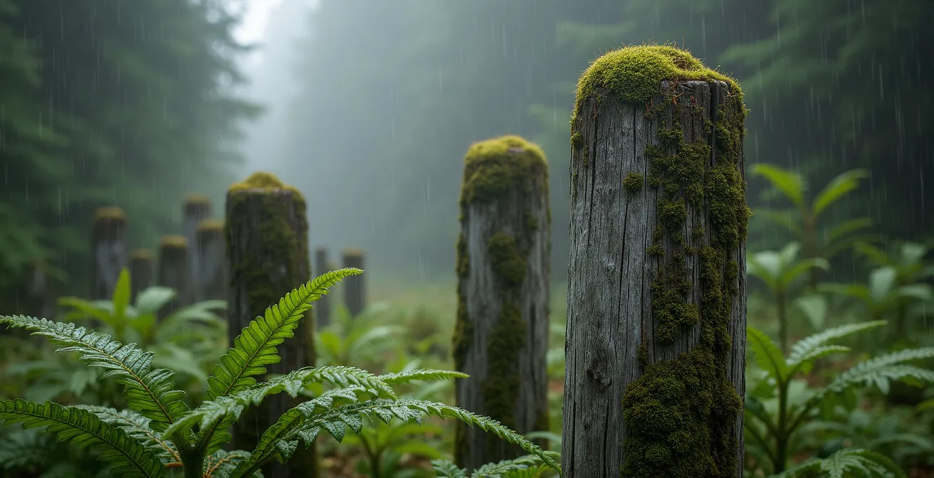 Weathered centuries-old cedar house posts standing in misty rainforest demonstrating durability