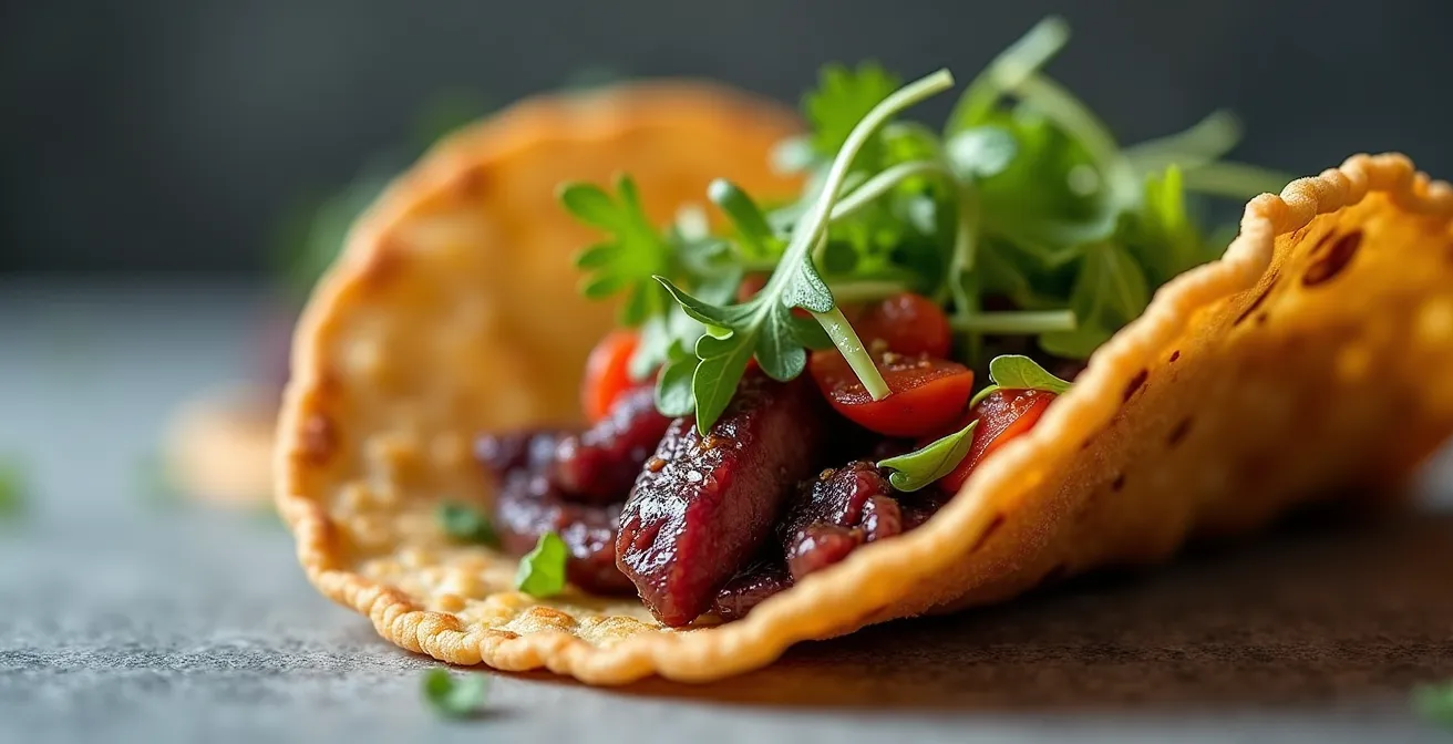 Close-up of Arctic fusion taco with golden bannock shell filled with seared seal meat and foraged tundra greens