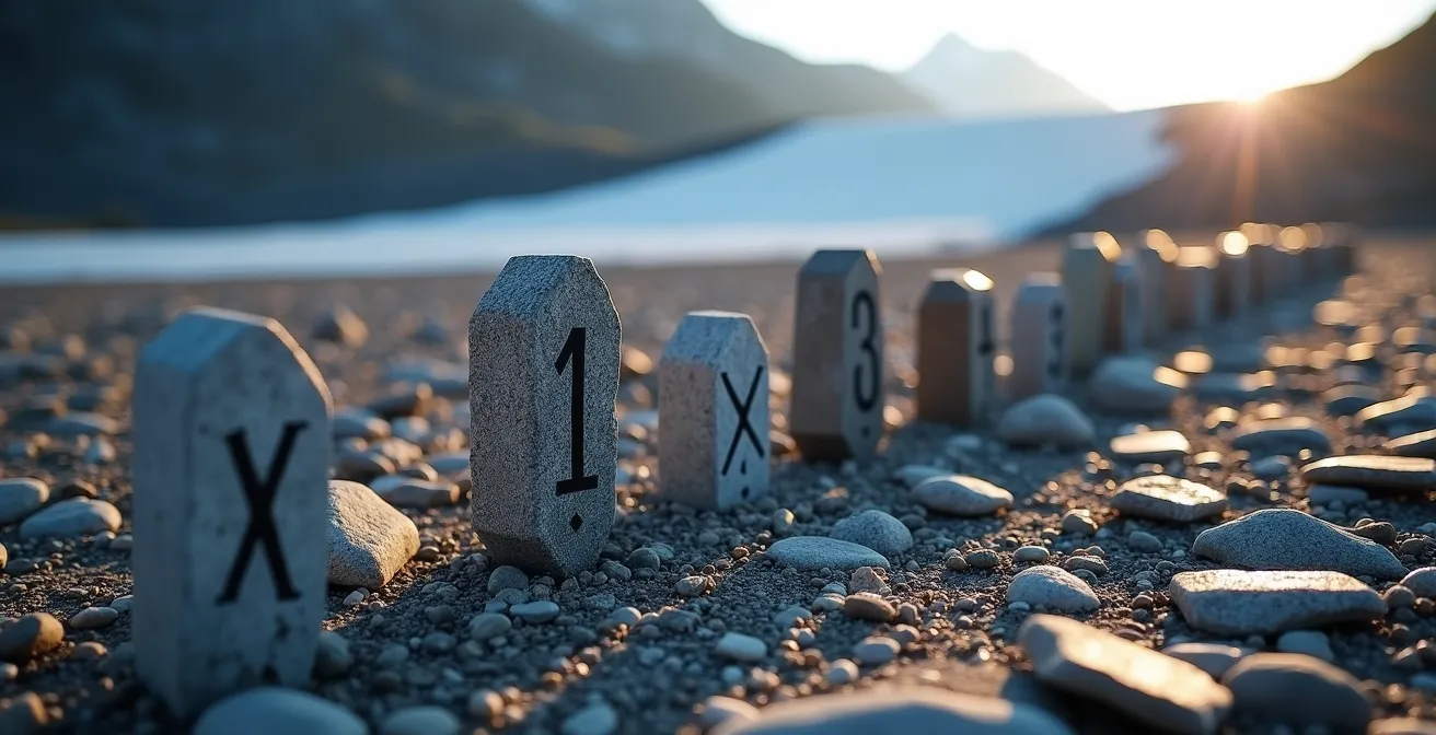 Stone markers showing historical positions of glacier retreat along rocky moraine