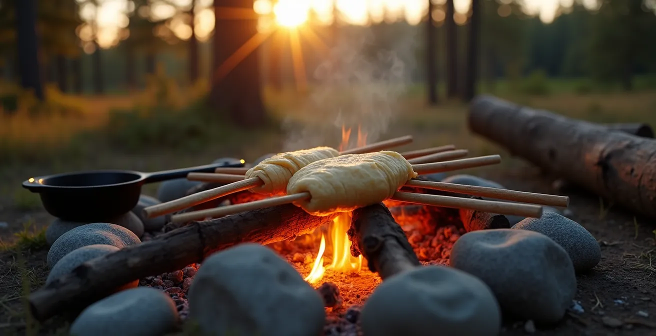 Bannock bread being cooked on a stick over an open campfire in the Canadian wilderness
