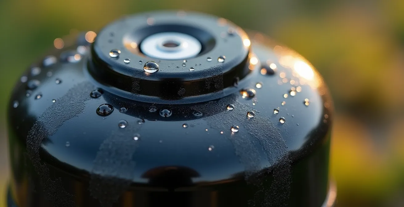 Close-up macro shot of bear-resistant canister texture with alpine environment reflected in surface