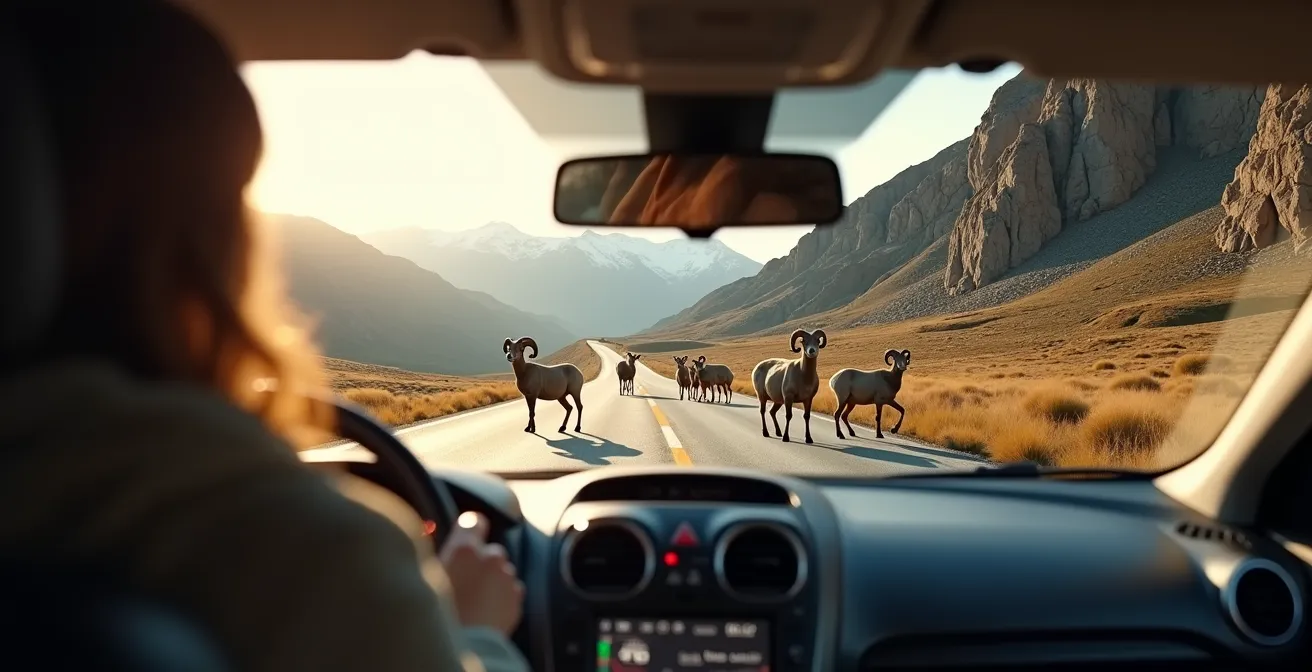 Driver's perspective showing bighorn sheep on mountain road with proper safe distance maintained