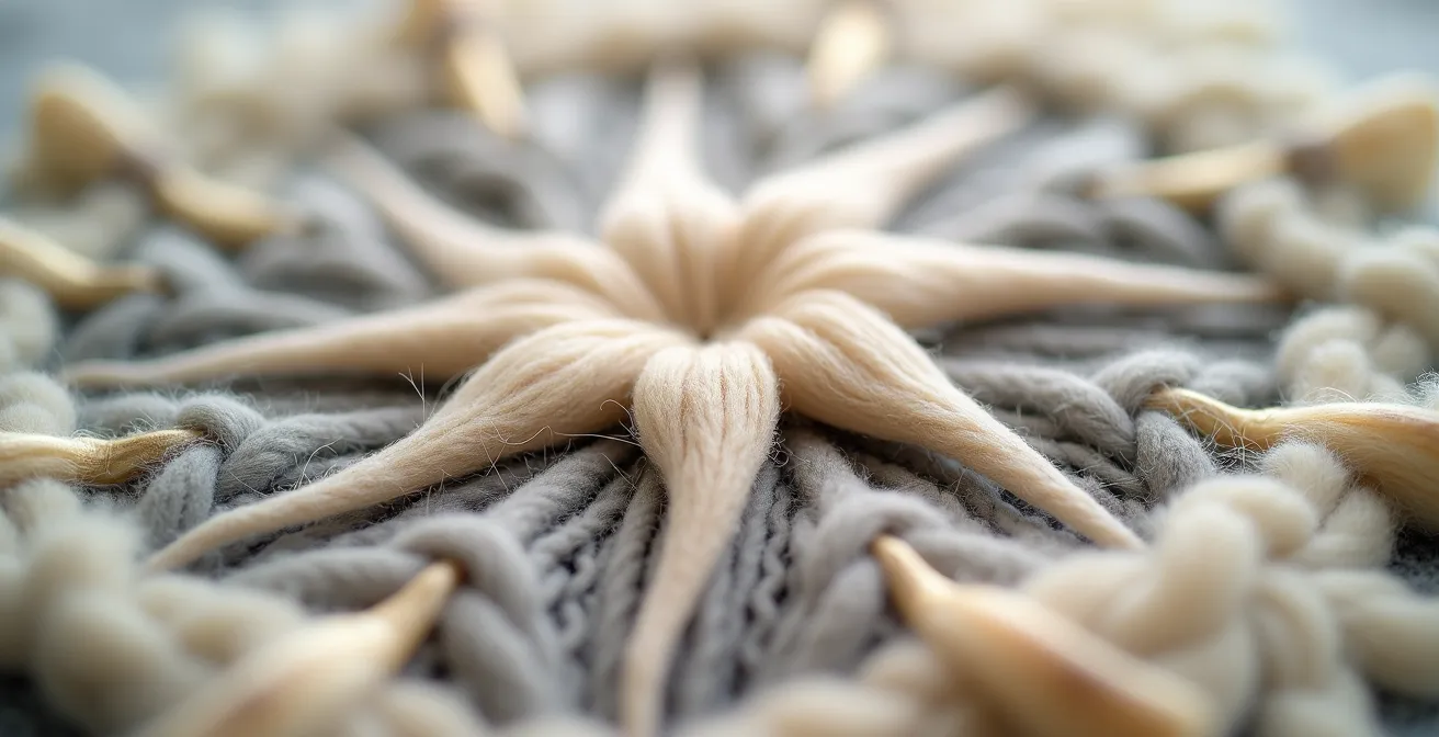 Macro shot of boutonné raised loop pattern on traditional Quebec wool blanket