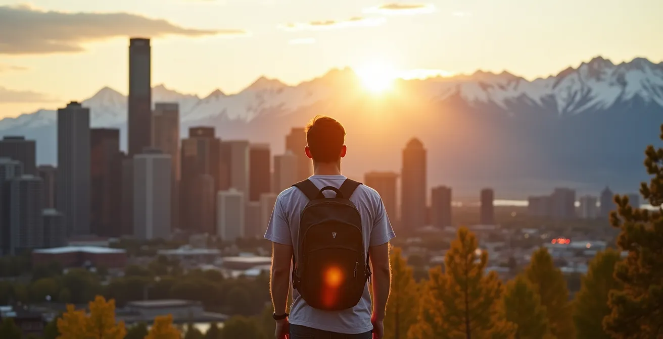 Calgary downtown skyline with Rocky Mountains visible in background at sunset