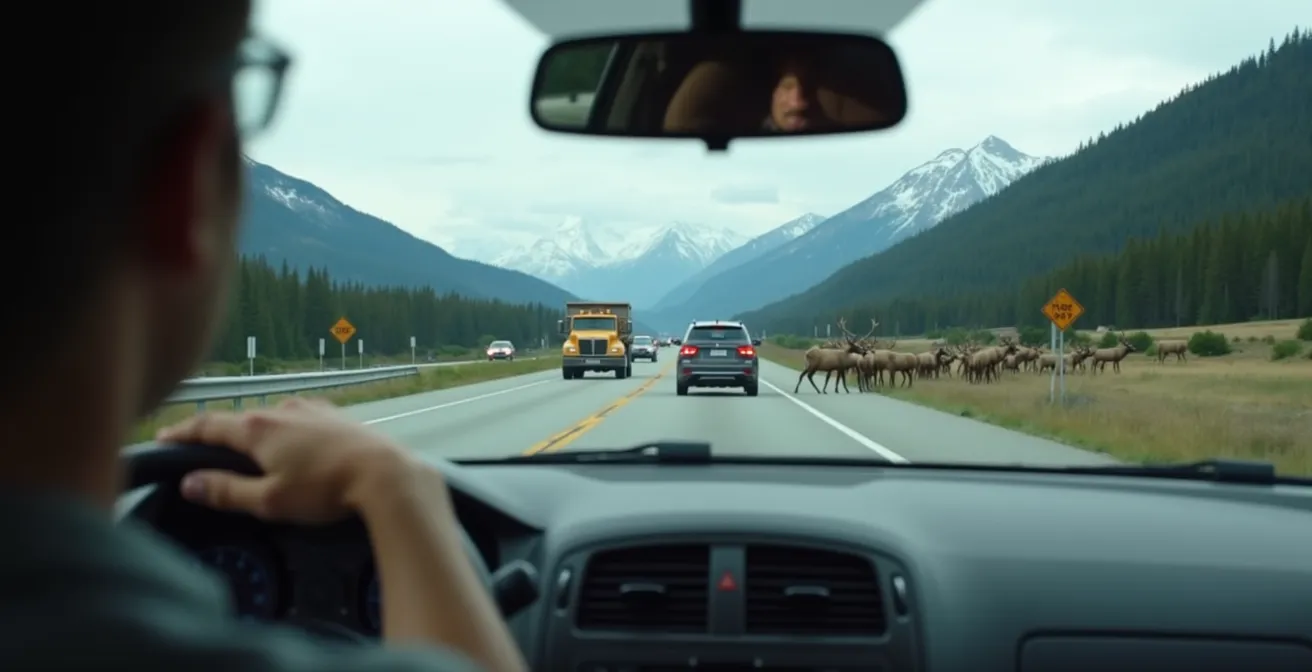 Stopped cars on mountain highway with construction equipment and elk herd crossing road