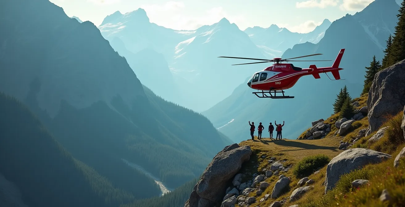 Search and rescue helicopter hovering above remote Canadian mountain trail with rescue team