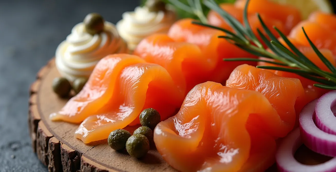 Overhead view of artfully arranged Canadian smoked salmon board with local accompaniments