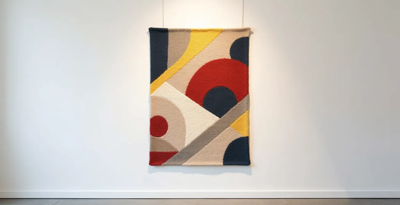 Modern hooked rug displayed as wall art in minimalist gallery setting