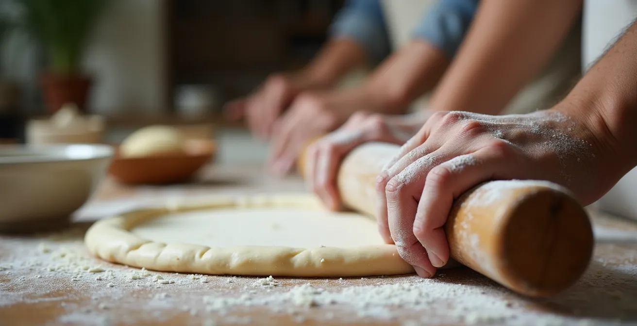 Students actively participating in a hands-on cooking class, kneading dough and preparing ingredients
