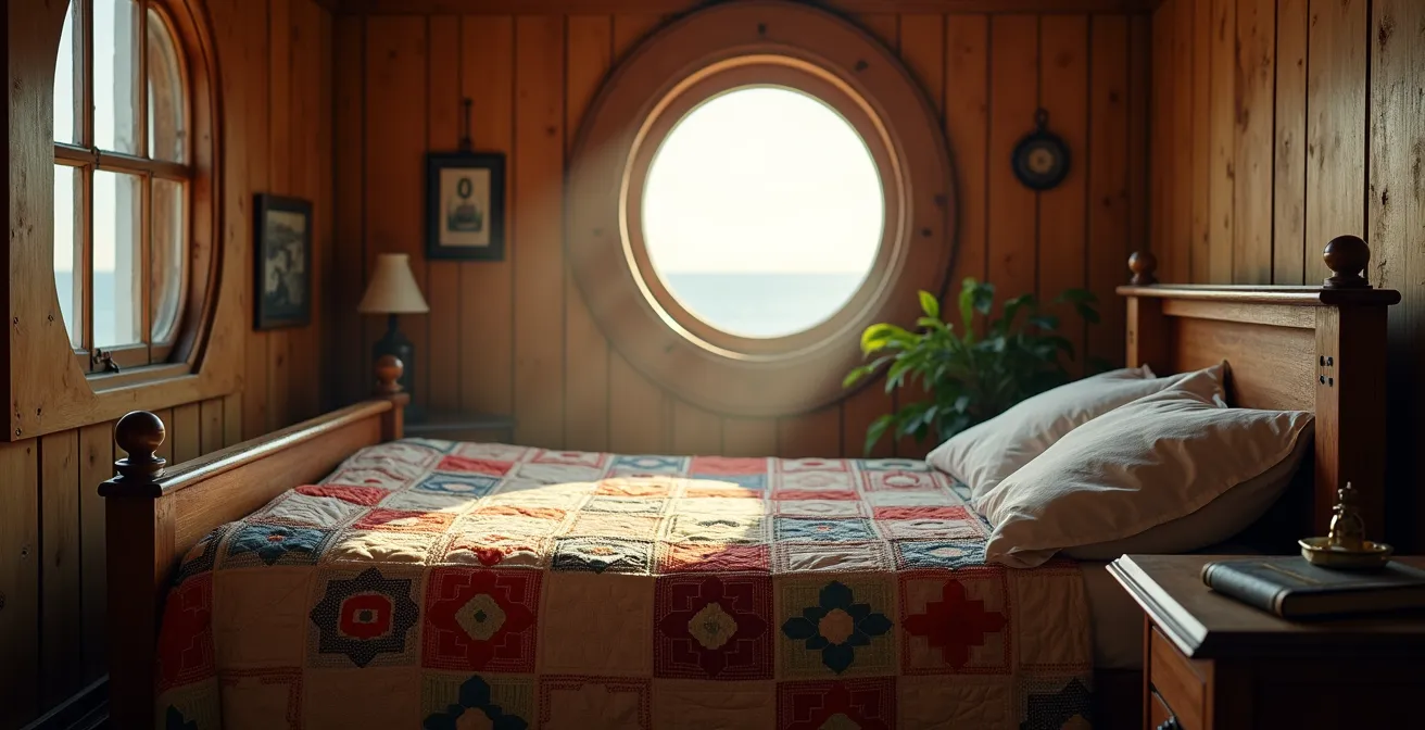 Warm interior of a restored lighthouse keeper's bedroom with quilted bed and ocean view window