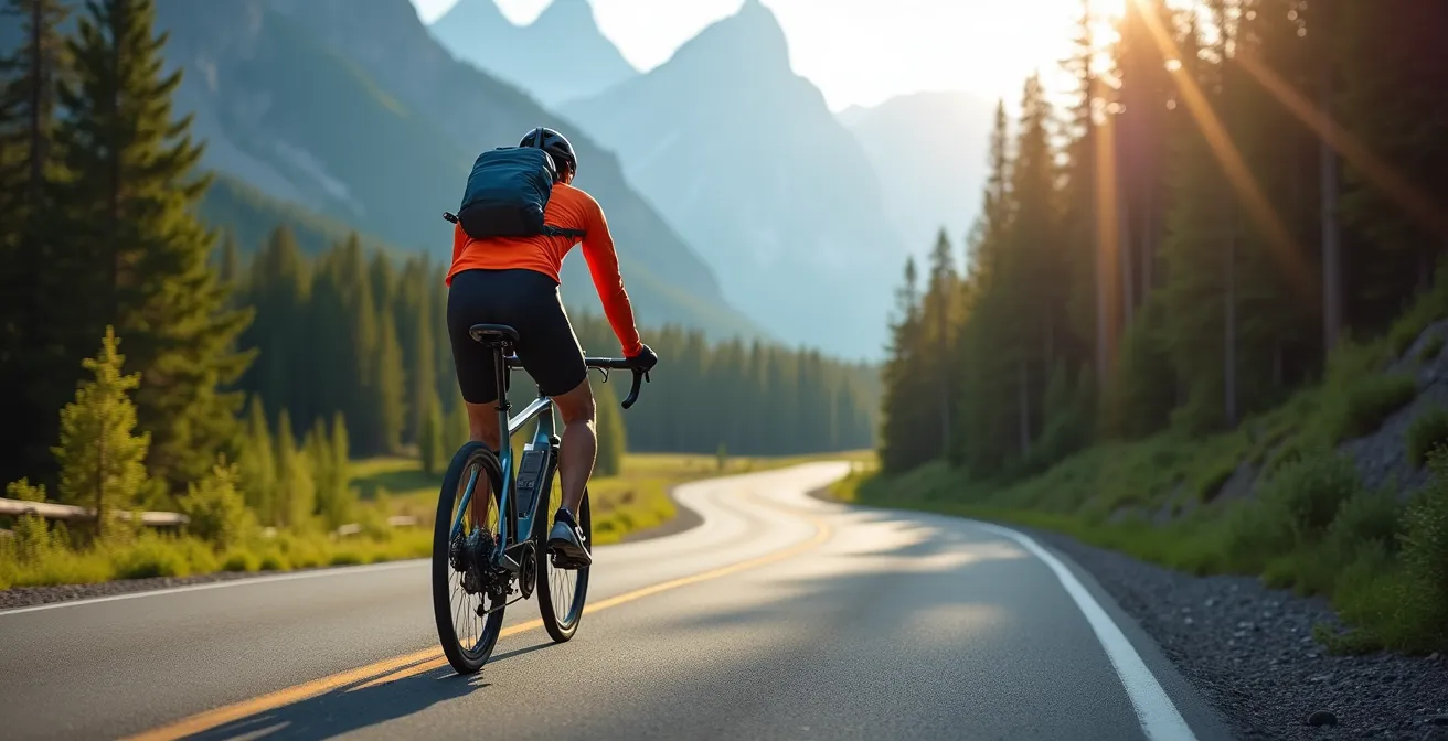 Cyclist on winding mountain road to Moraine Lake with towering peaks in background