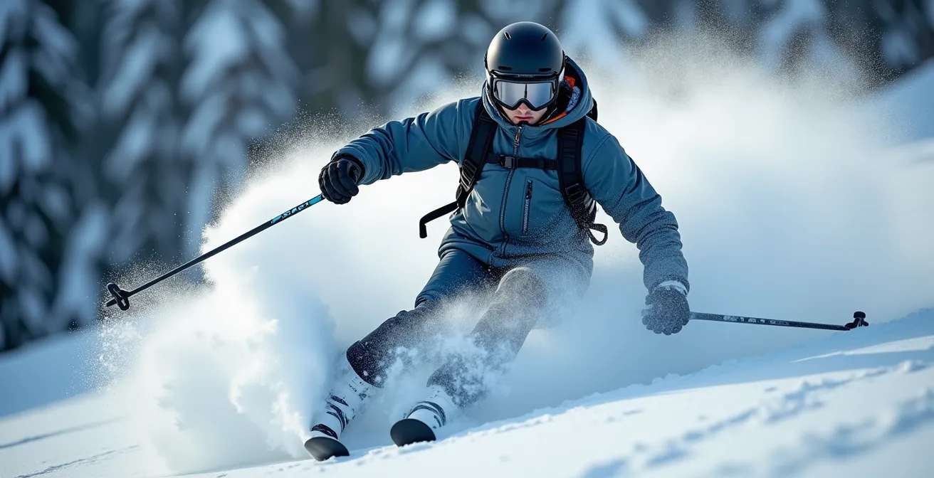Skier demonstrating deep powder technique in BC backcountry terrain