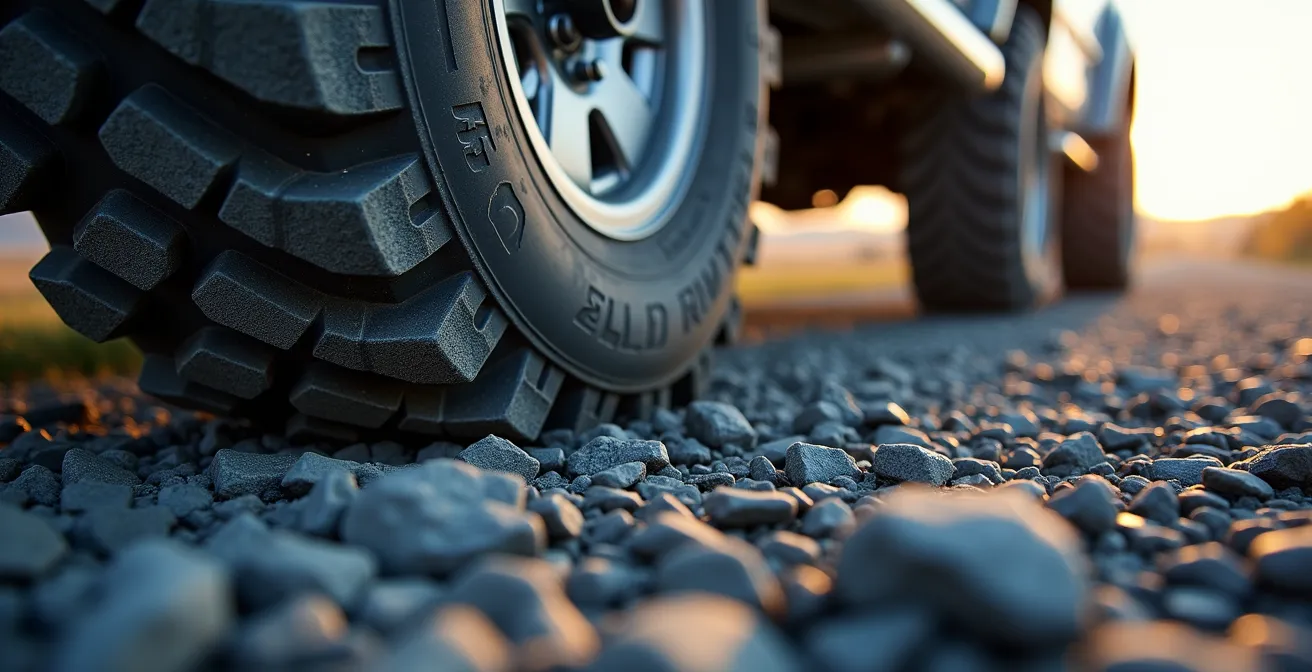 Close-up of reinforced all-terrain tire on gravel with sharp shale rocks visible