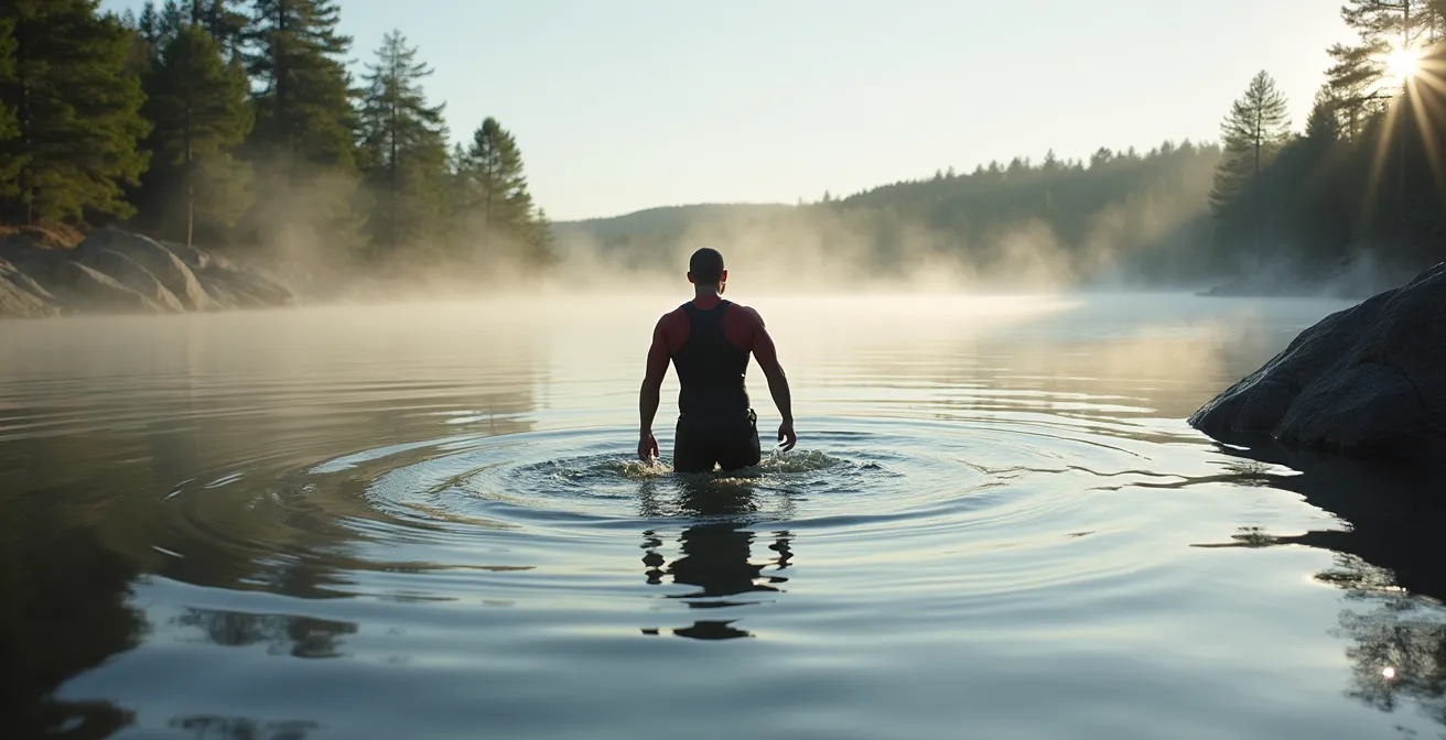 Early morning swimmer entering a misty Muskoka lake showing the cold water conditions