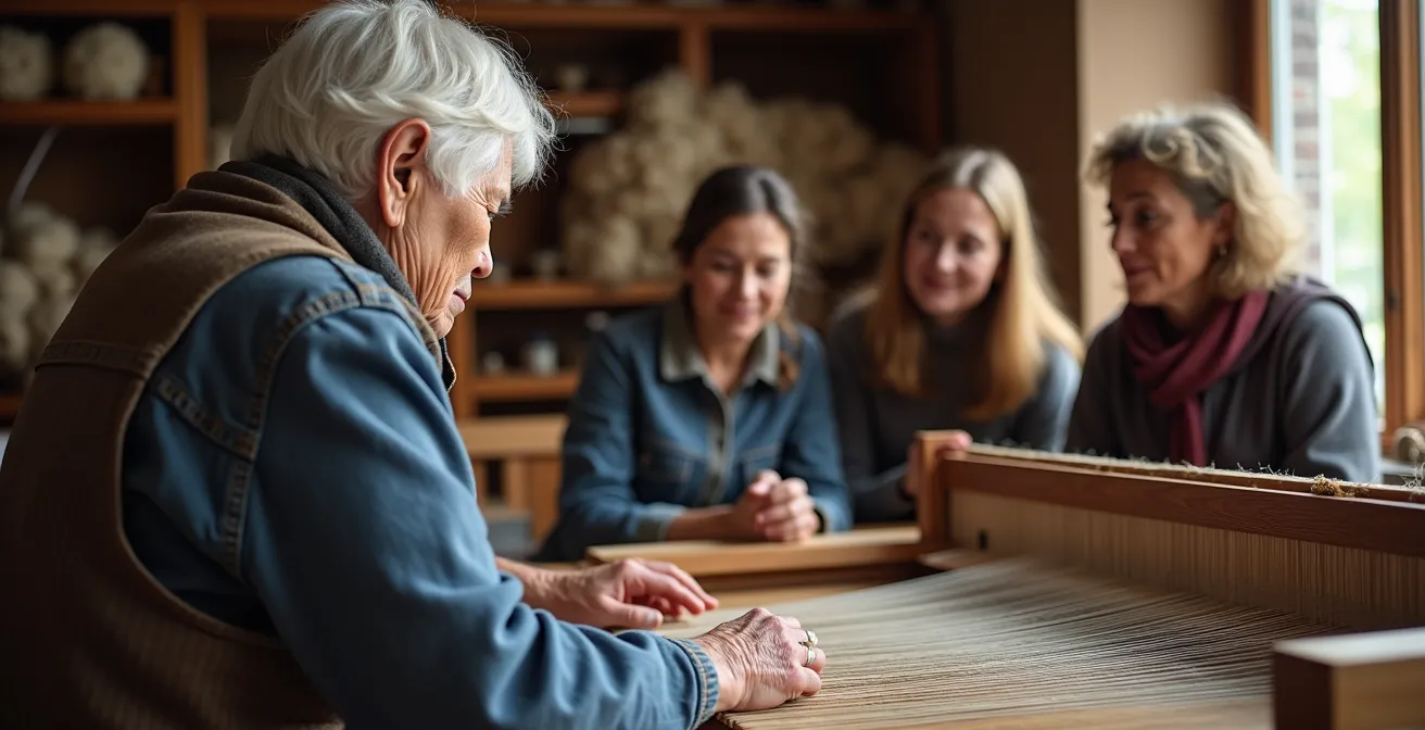Visitors watching Quebec artisan demonstrate traditional weaving in bright Économusée workshop