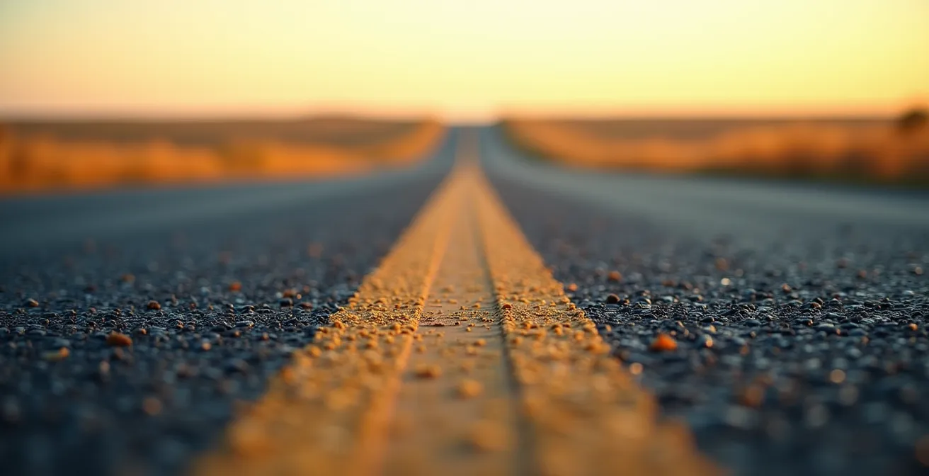 Straight Trans-Canada Highway disappearing into horizon across flat Saskatchewan prairie