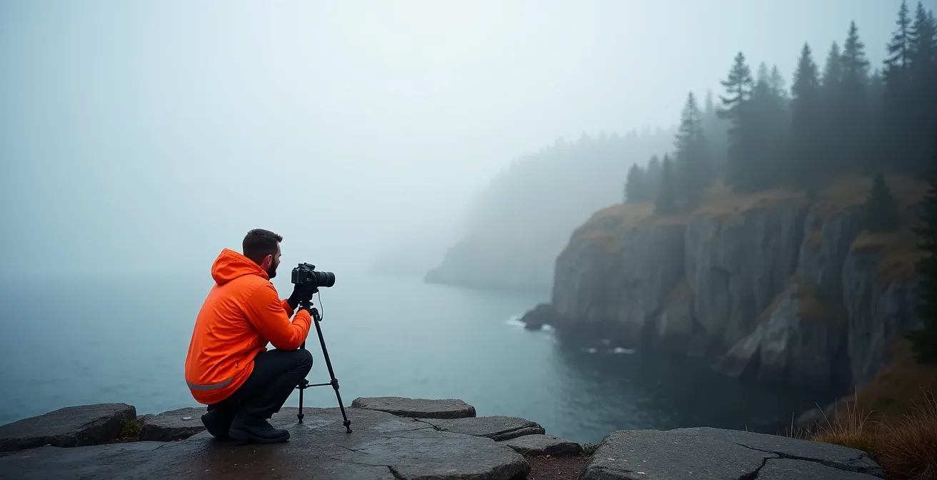 Photographer with tripod at a misty clifftop lookout, capturing the fog-wrapped coastline of the Cabot Trail.