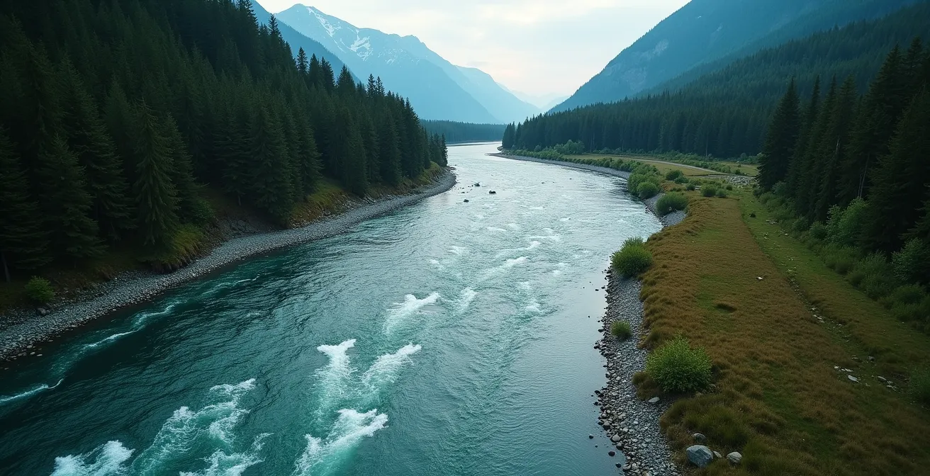 Aerial view of salmon migrating up Fraser River during peak run season with British Columbia landscape