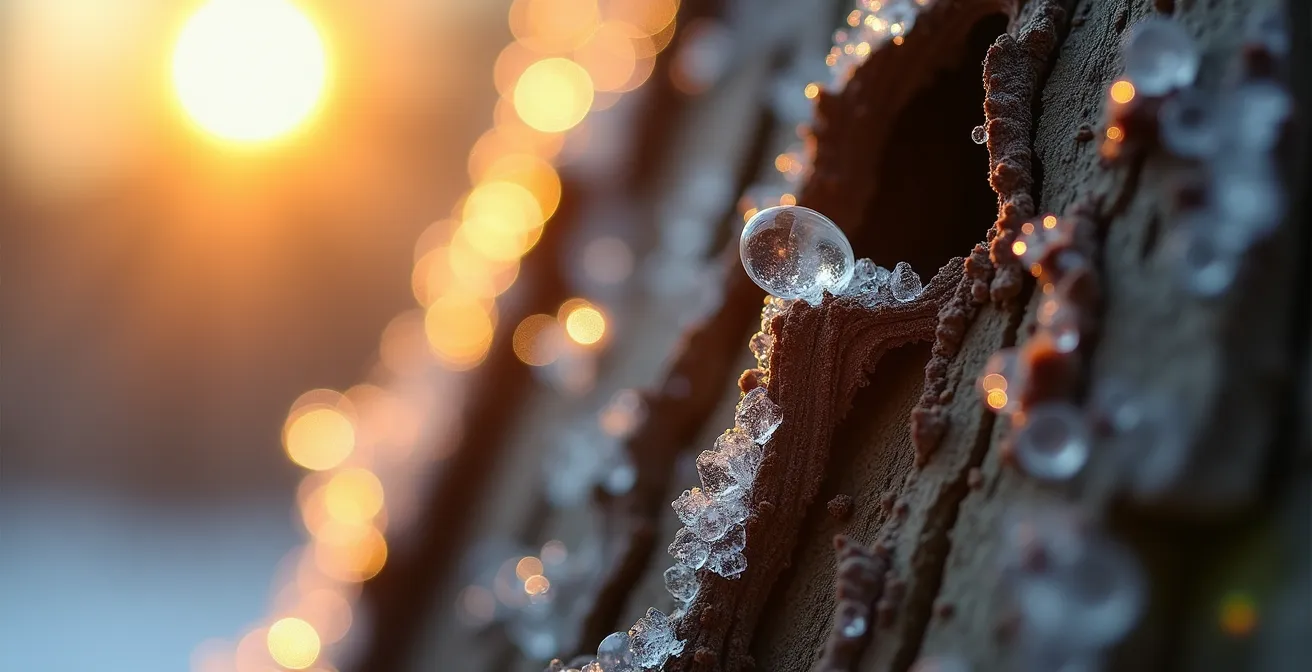 Ice crystals melting on maple tree bark during spring thaw