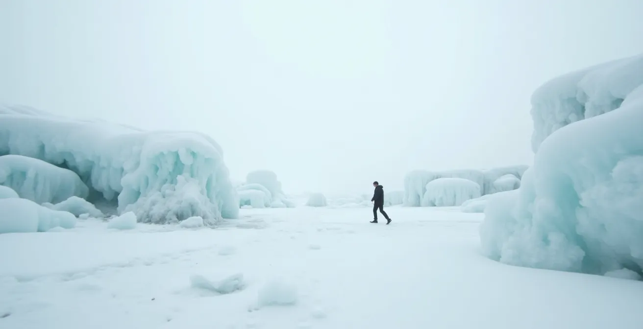 Wide aerial view of frozen coastline with ice formations and misty atmosphere