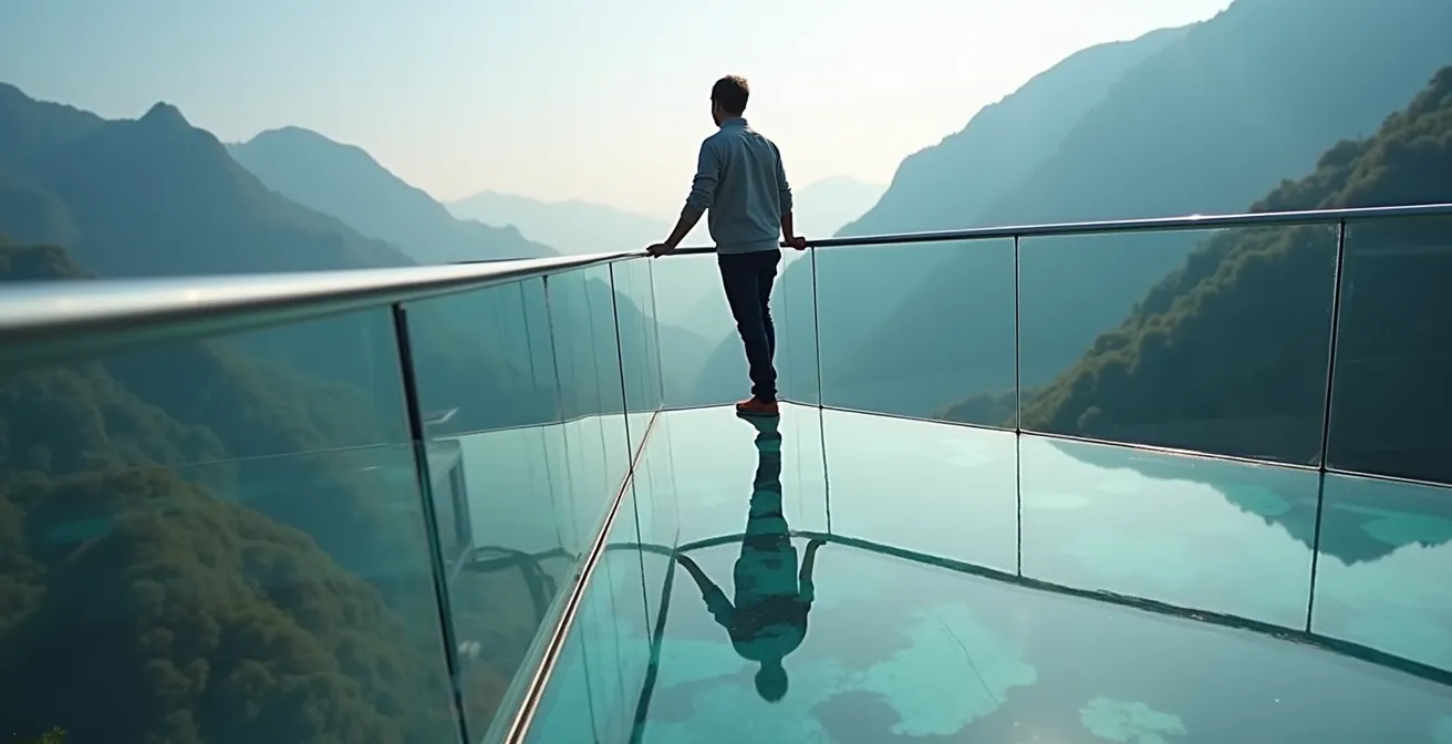 Glass-floored observation platform extending from cliff edge over deep valley