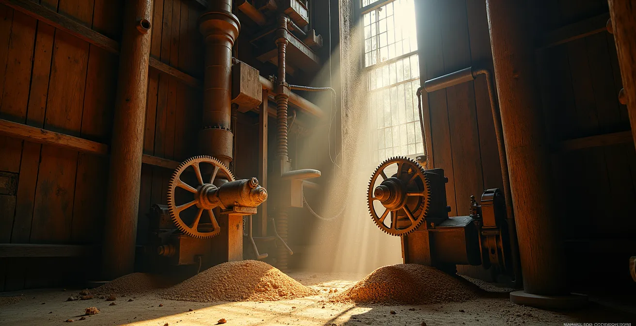 Interior view of vintage wooden grain elevator showing the mechanical lift system and old-growth timber construction