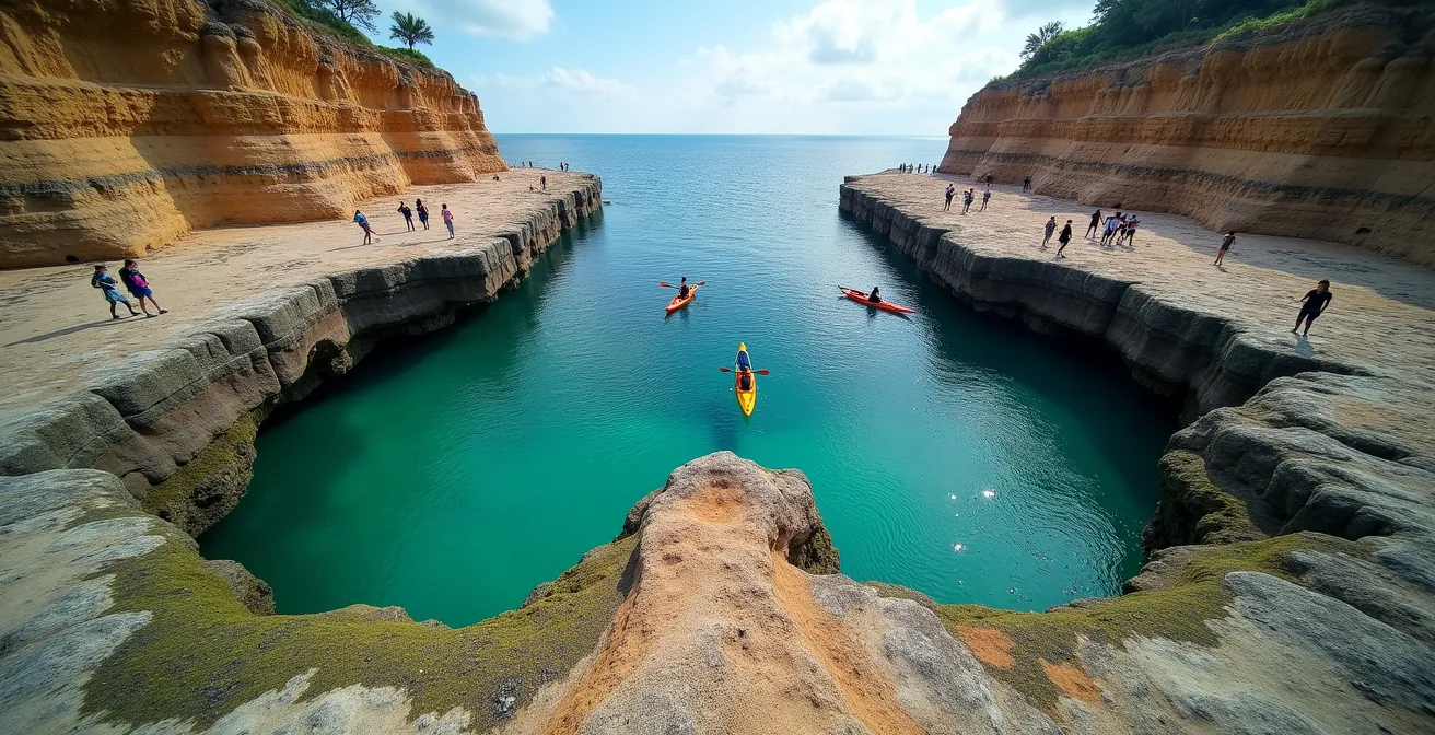 Split view showing the same Hopewell Rocks formation at high tide with kayakers and low tide with people walking