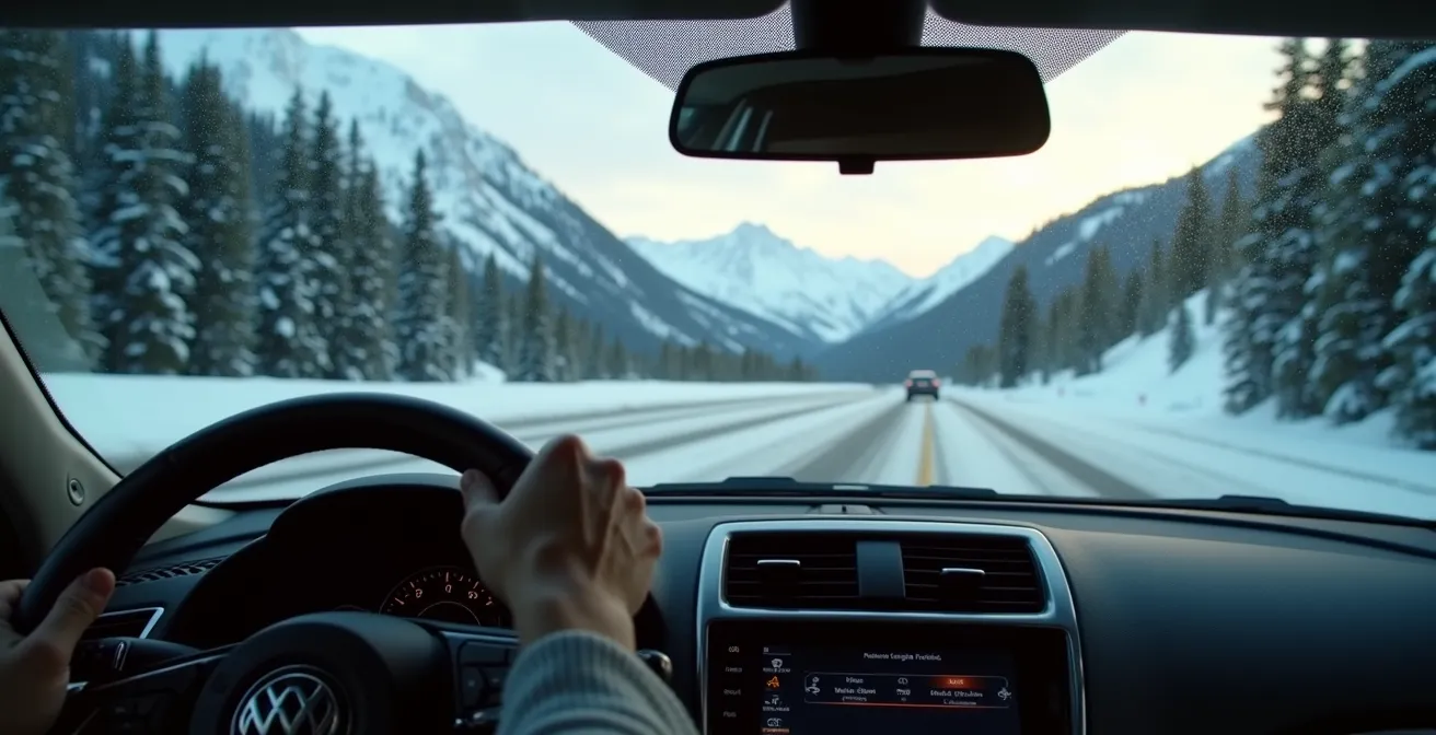 Winter road conditions on the Icefields Parkway with mountains in background