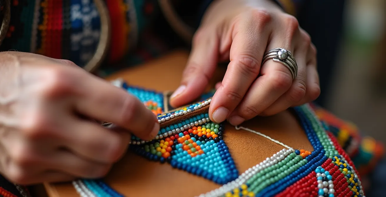 Indigenous artist displaying traditional beadwork and crafts at a powwow vendor booth