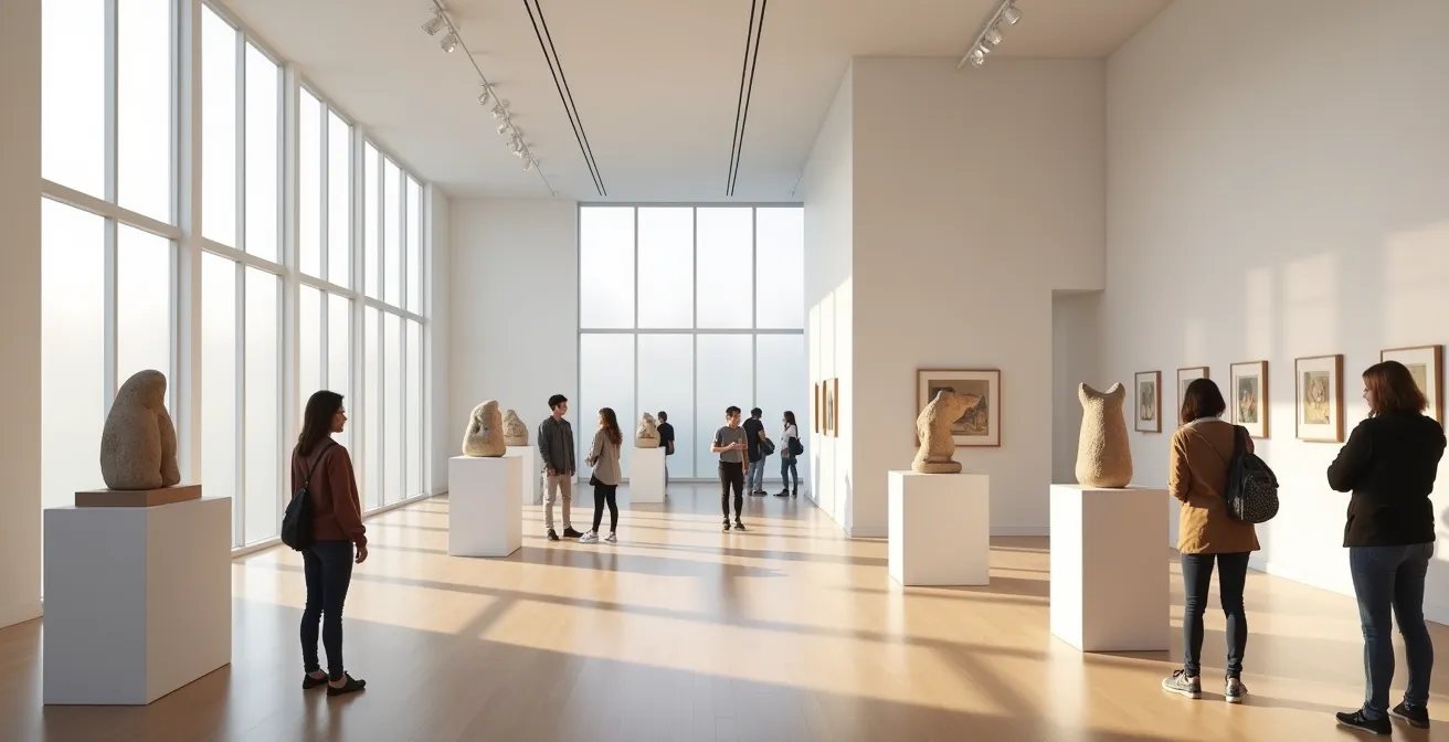 Wide interior view of an artist cooperative gallery showing authentic indigenous artwork displays