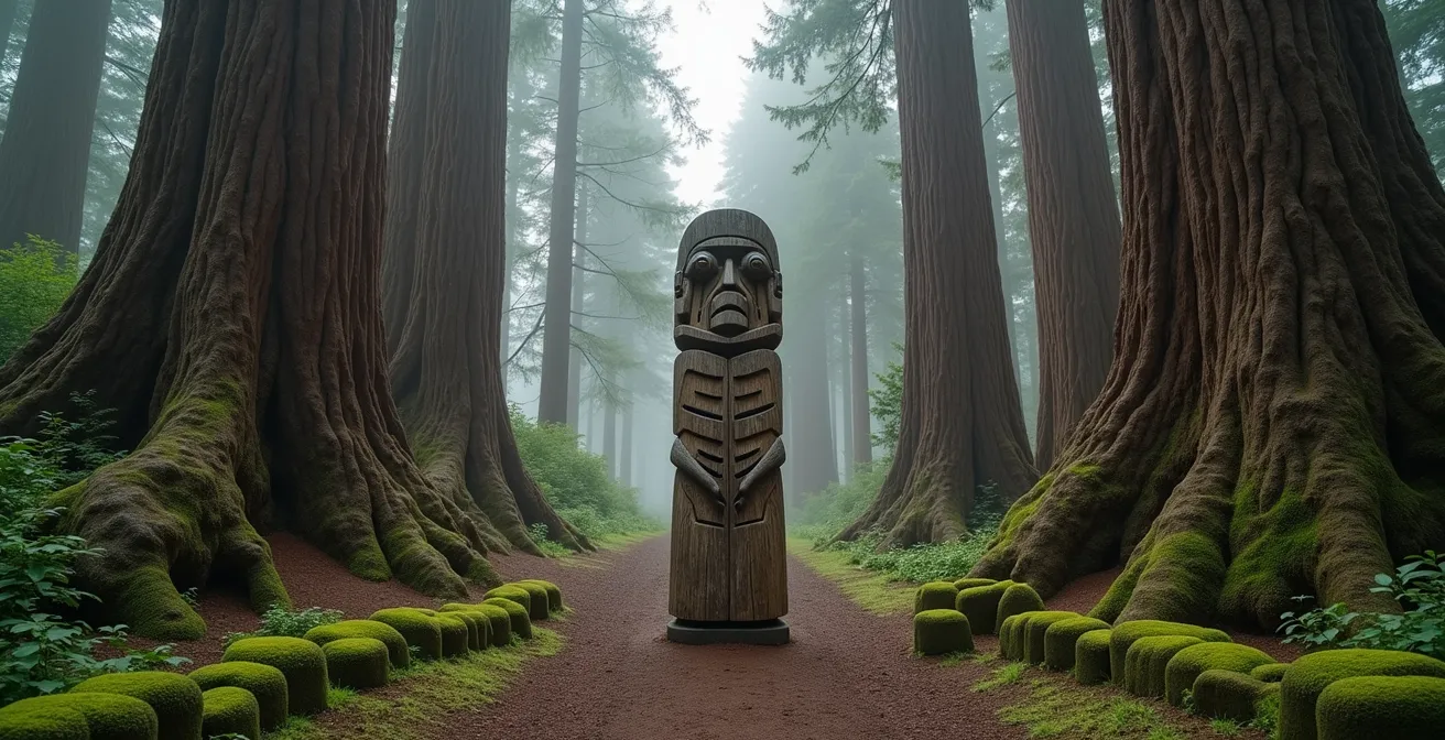 Traditional Indigenous territory markers and welcome signage in British Columbia wilderness