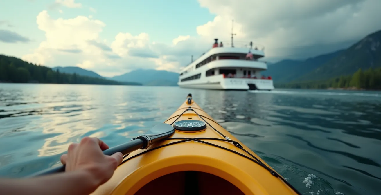 View from kayak showing massive BC Ferry in the distance with proper crossing angle demonstrated