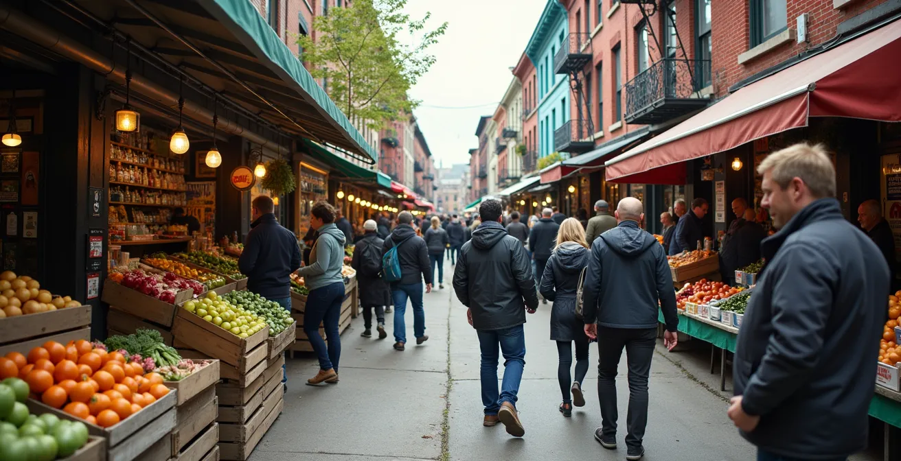 Vibrant Kensington Market street scene with diverse food vendors and colorful storefronts during busy afternoon