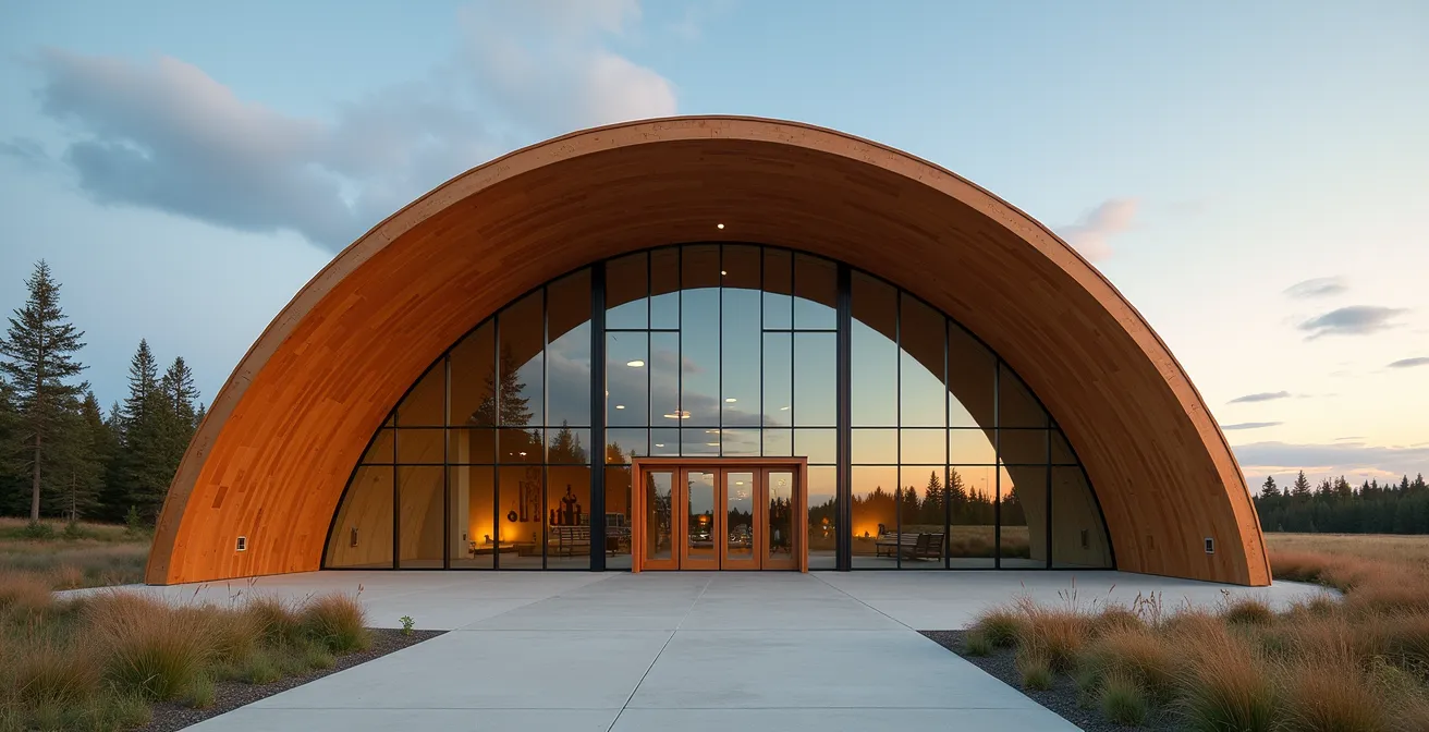 Modern curved wooden architecture of Indigenous cultural centre against northern sky