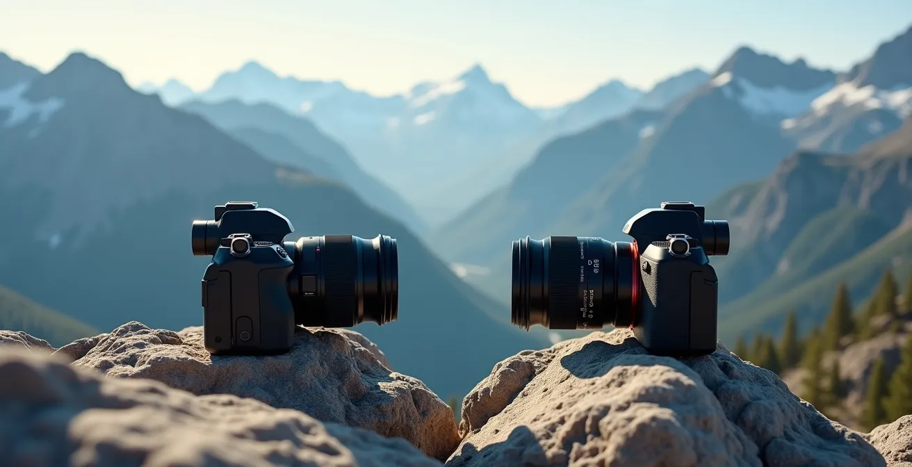 Split composition showing wide angle versus telephoto mountain photography