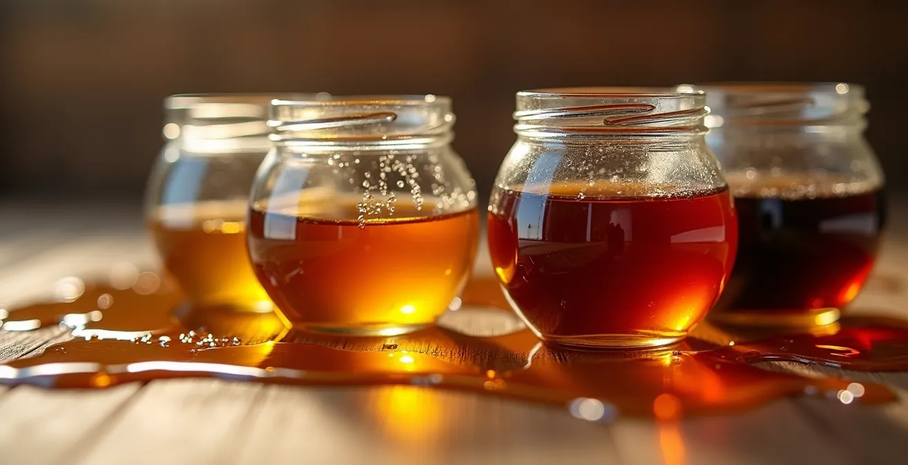 Close-up macro shot of different maple syrup grades showing color variations from golden to dark amber