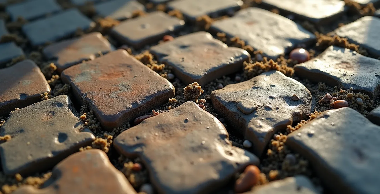 Archaeological layers beneath Old Montreal cobblestones showing historical artifacts