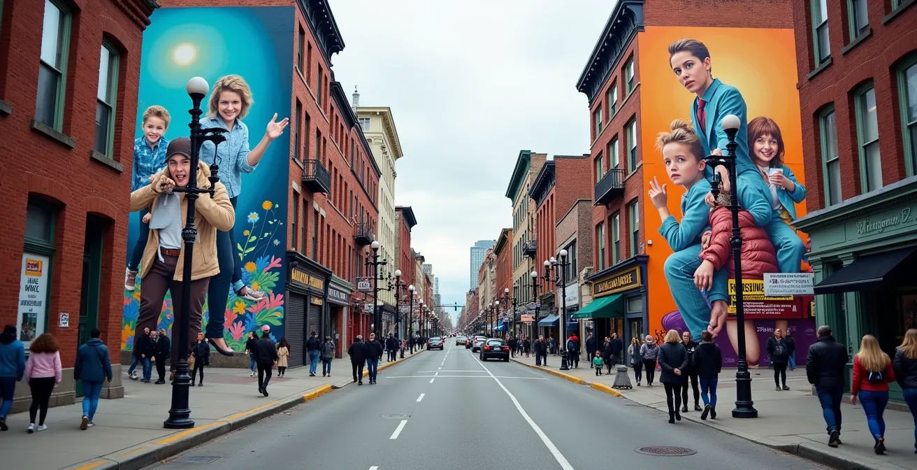 Wide angle view of colorful murals on Saint-Laurent Boulevard buildings in Montreal