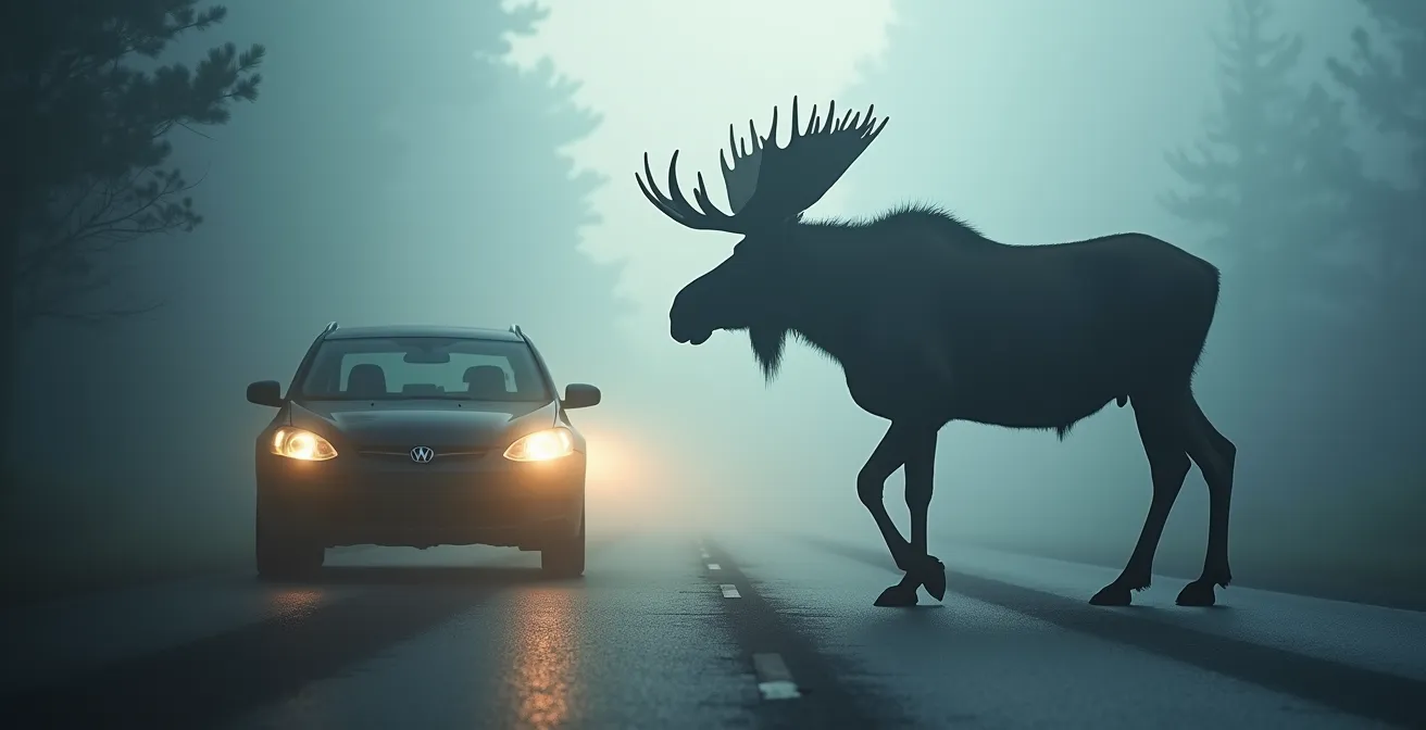 Size comparison graphic showing the immense height of a moose relative to a standard car, with fog obscuring visibility and highlighting the danger.