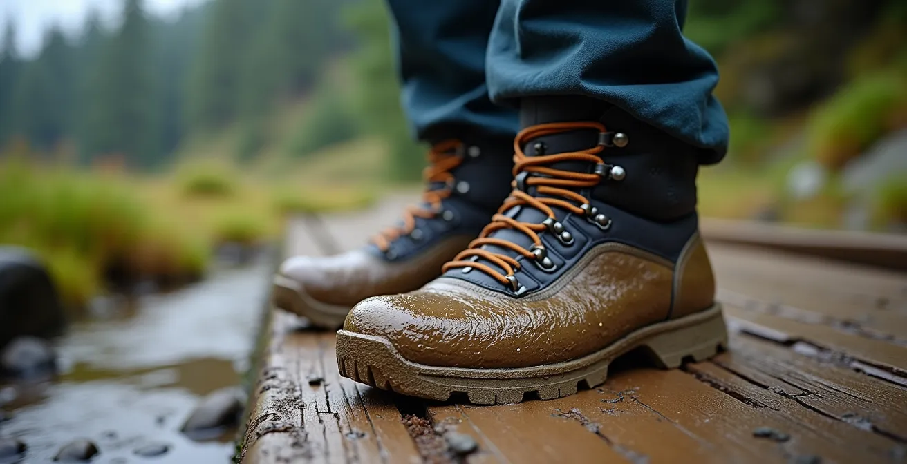 Close-up of hiking boots with full gaiters covered in thick coastal mud on wooden boardwalk