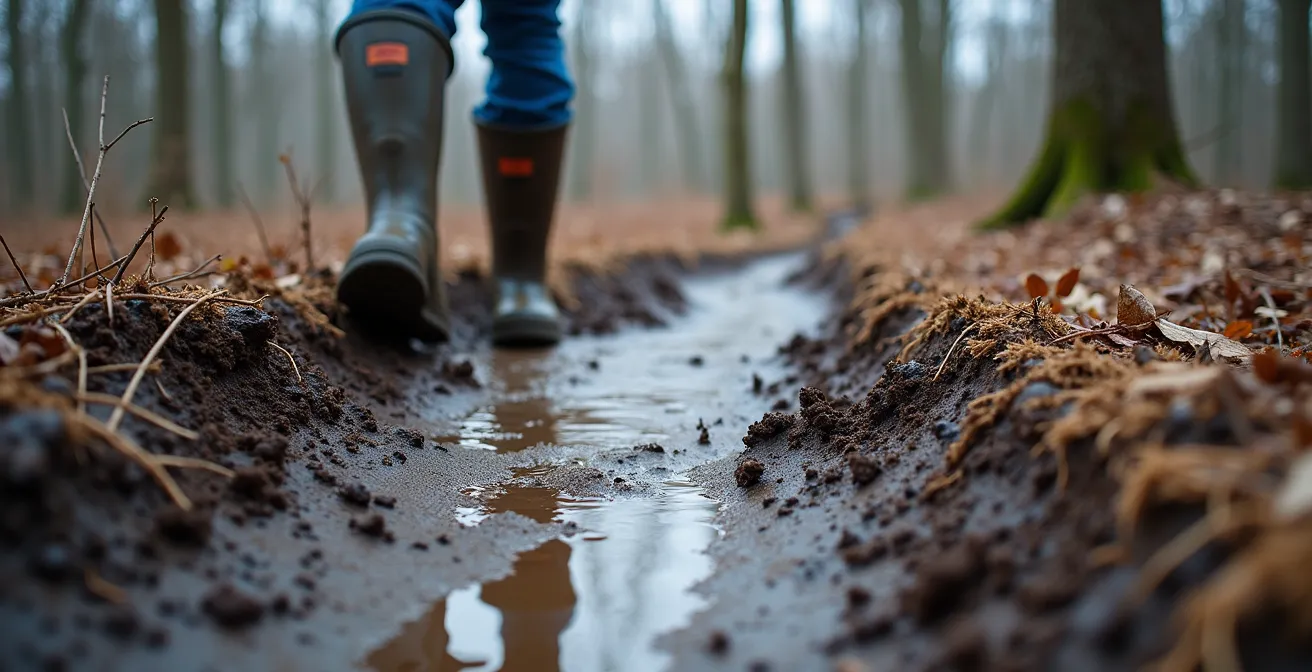 Muddy trails in a Canadian maple forest during spring thaw season