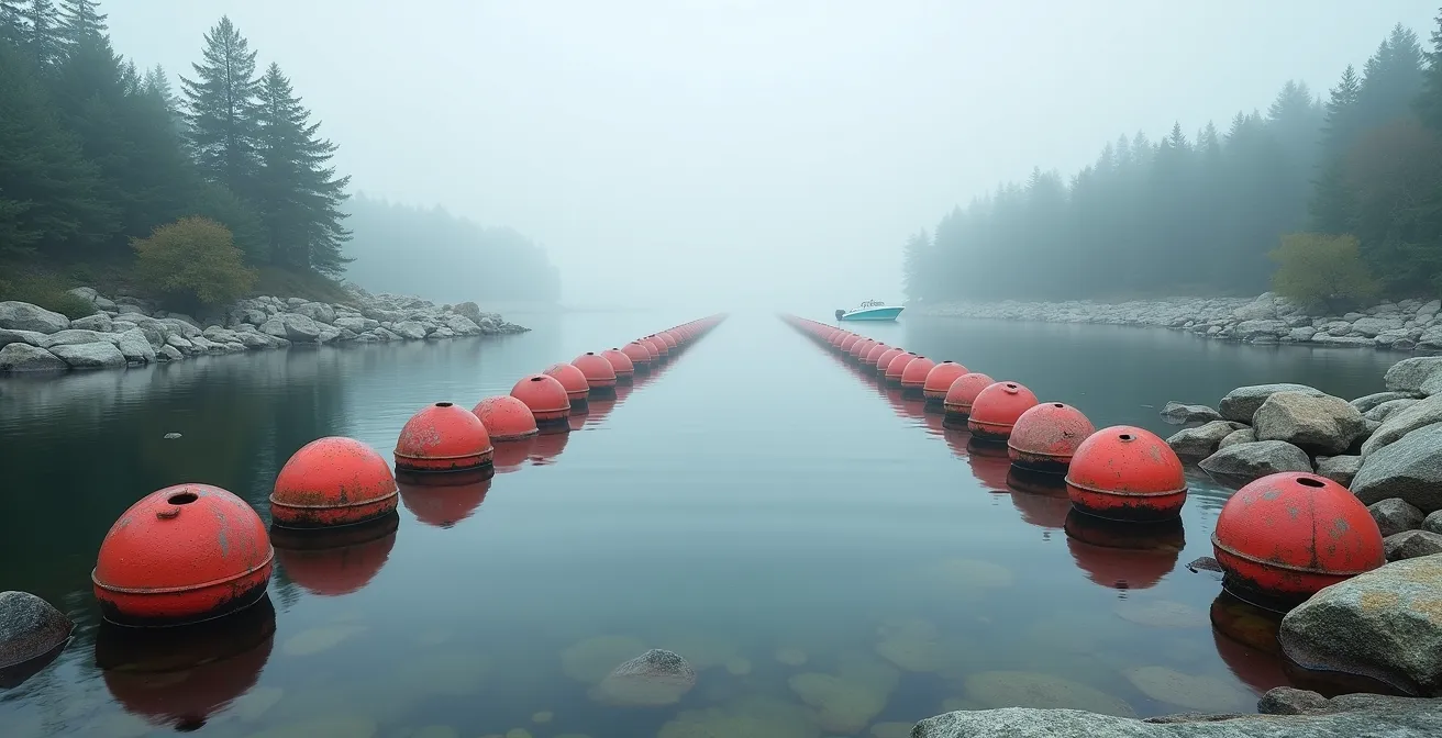 Navigation buoys on a Muskoka lake showing safe boating channels