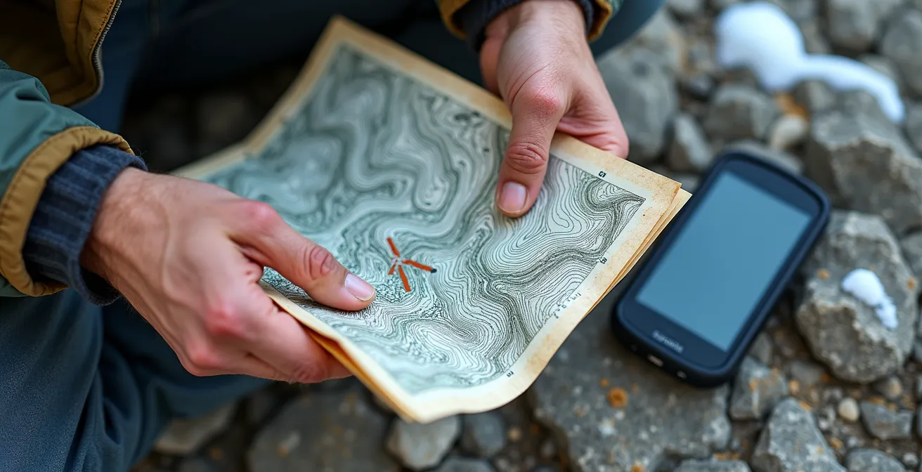 Hiker's hands holding paper map with GPS device and smartphone showing offline maps against mountain backdrop