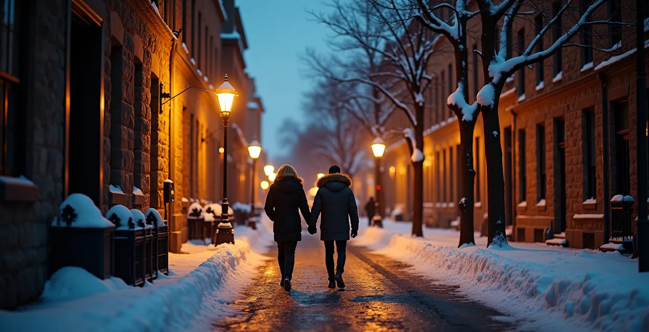 Old Montreal cobblestone streets during blue hour with warm gas lamp glow on snow