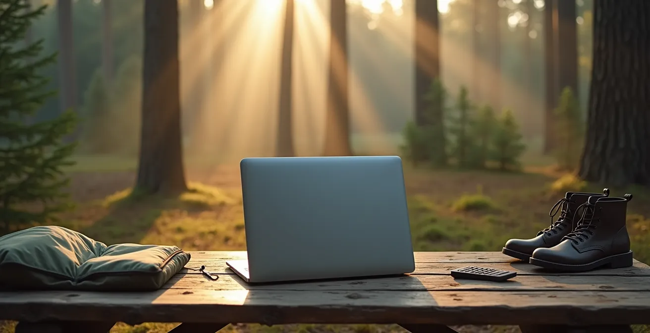 Laptop showing reservation calendar surrounded by camping gear in forest clearing