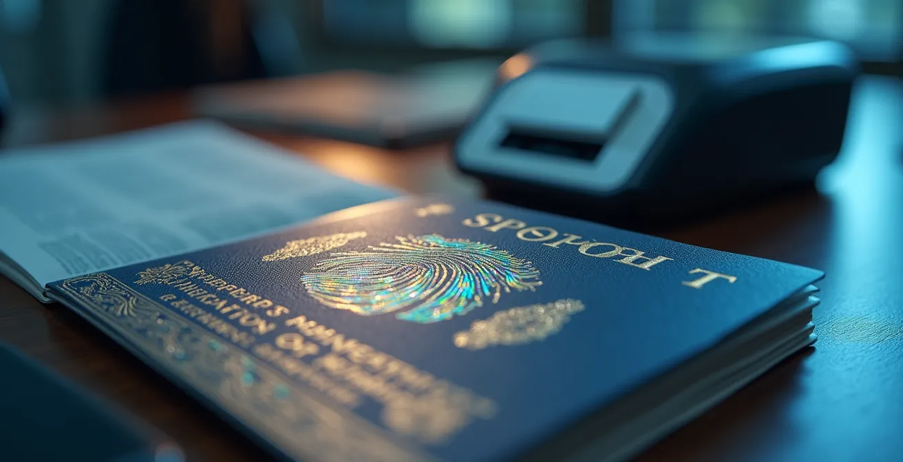 Close-up macro shot of passport page with fingerprint scanner highlighting biometric verification