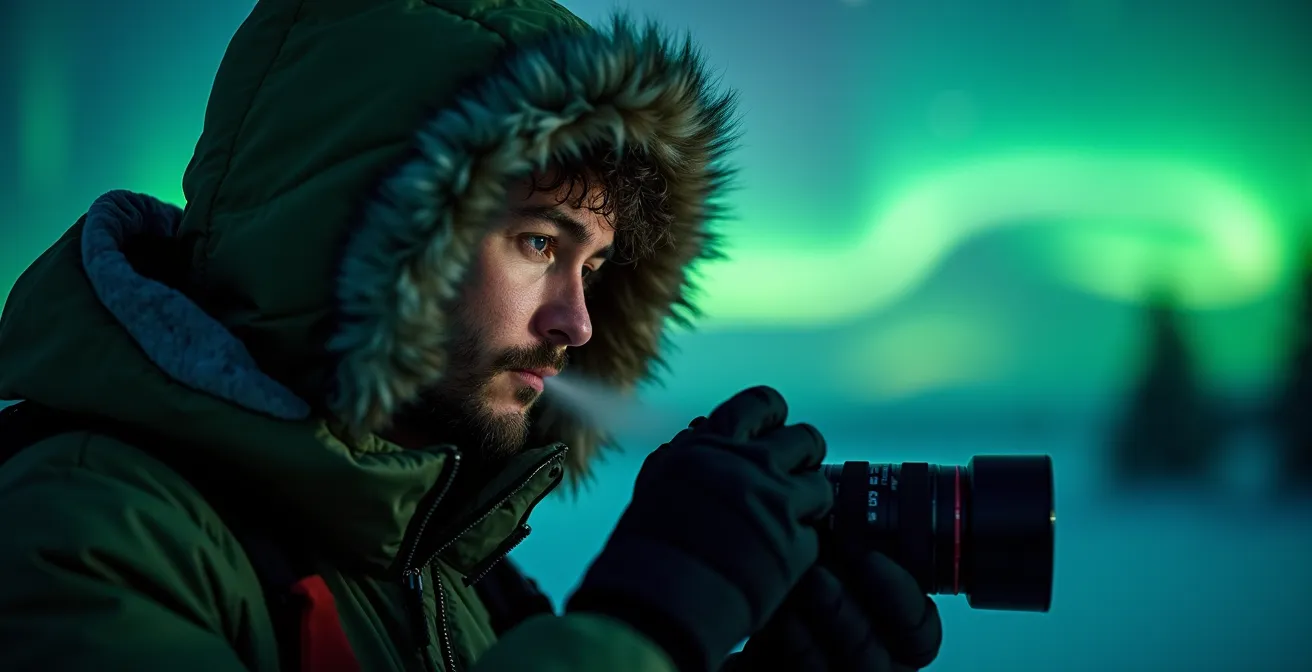 Arctic photographer in heavy winter clothing adjusting camera settings under northern lights
